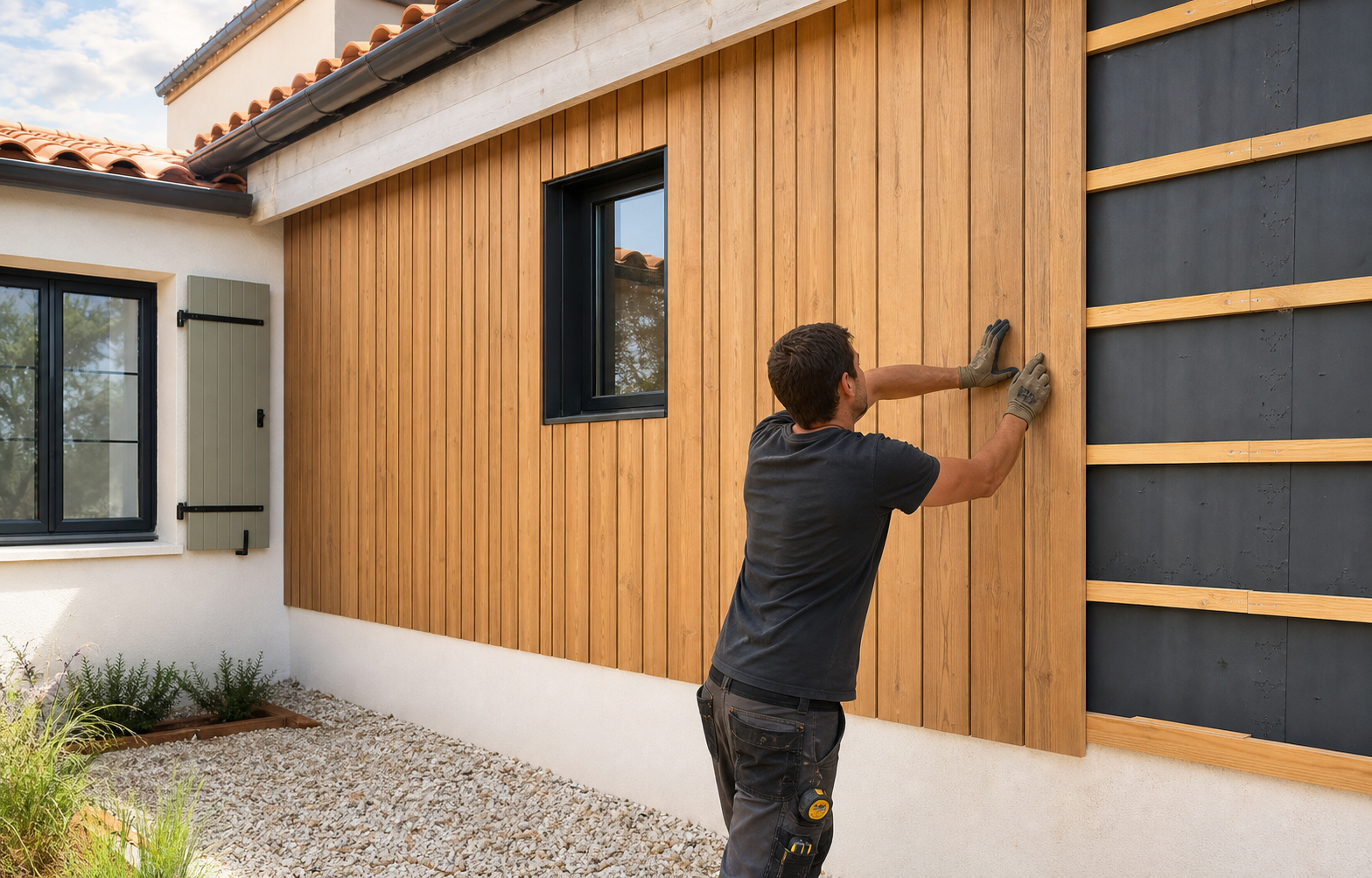 Pose d’un bardage bois vertical sur une façade