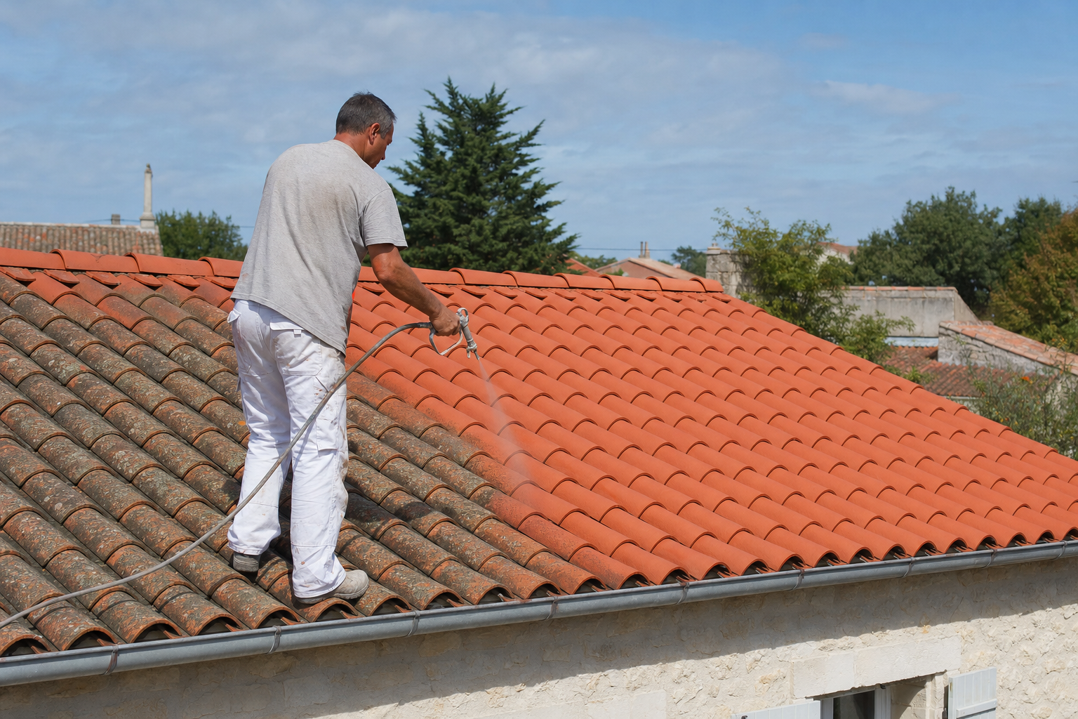 Peinture protectrice appliquée sur une toiture en tuiles