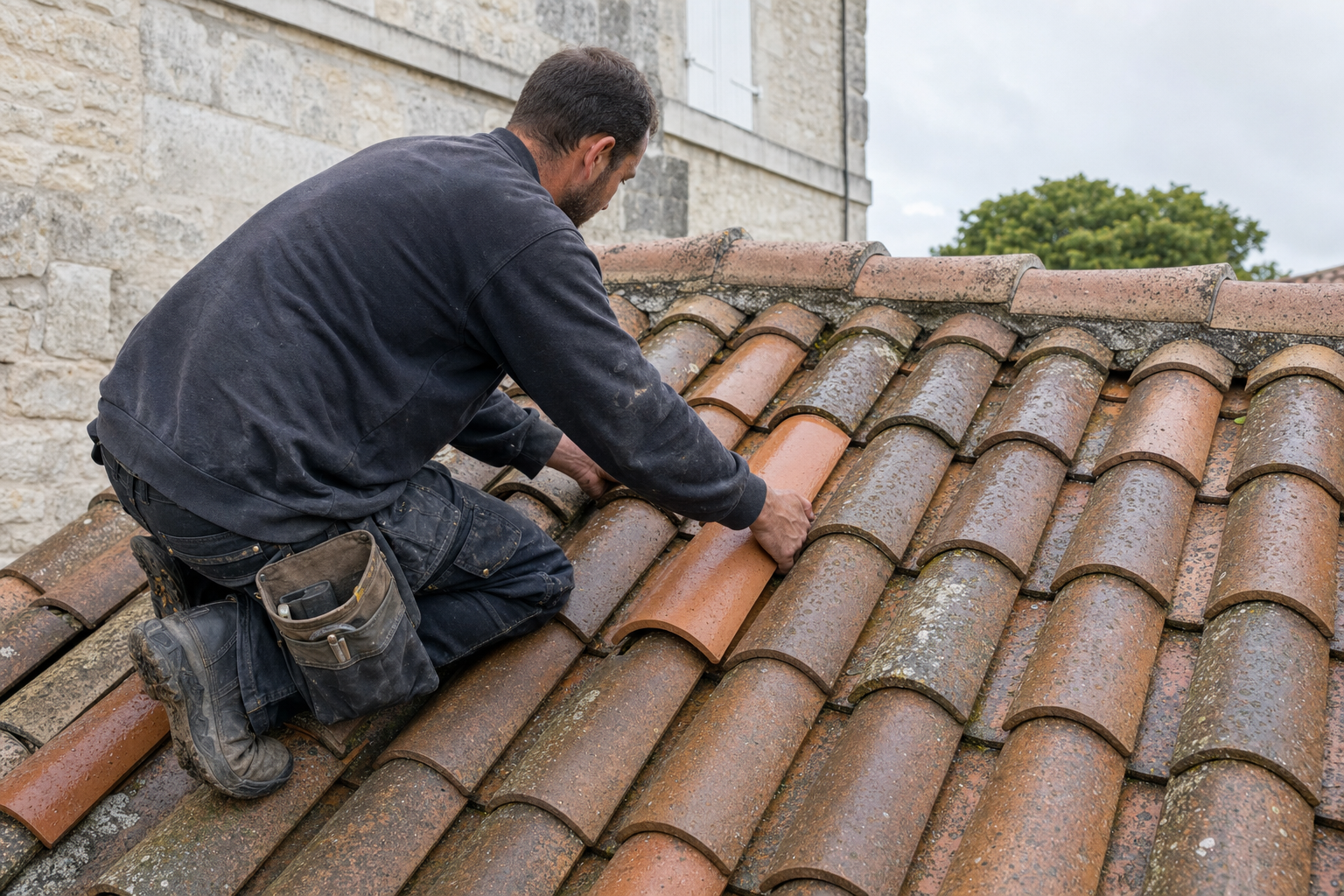 Artisan Technicouv réparant une fuite sur une toiture en tuiles
